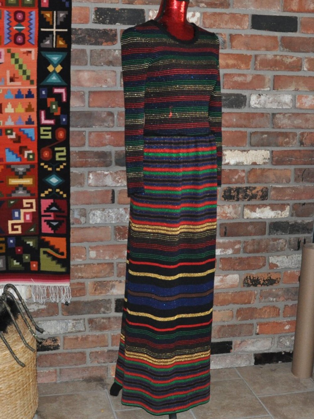 Vintage 70 Piccini Made in Italy Knit Wool Metallic Stiped Maxi Sweater Dress 8